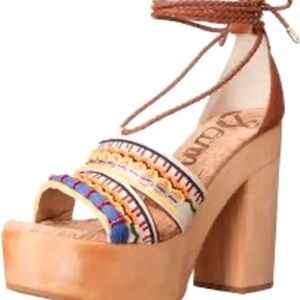 New Women Sam Edelman Sz 6 Mel Platform Sandal Wooden Beaded Multi Color Lace Up